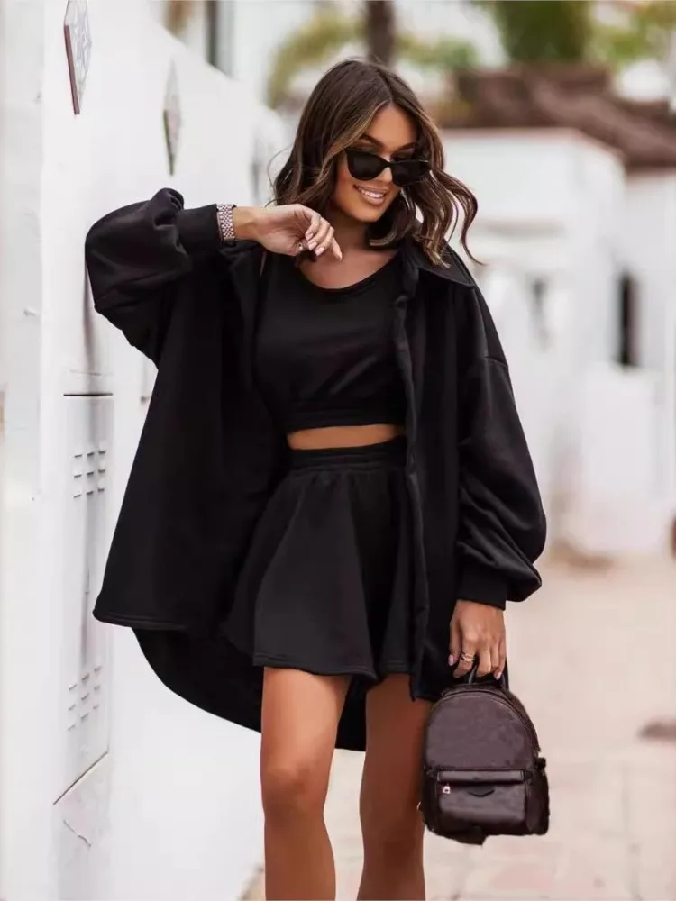 Fashion Solid Color Tank Top Shorts Jacket Three Piece Set Women Suits 2024 Autumn Casual Shorts Sets Street Female 3 Piece Set