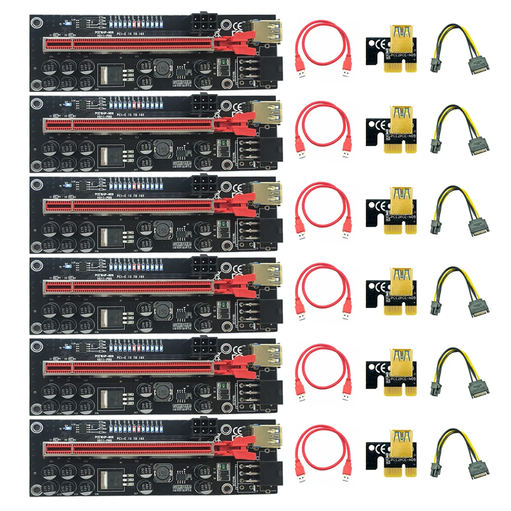 6 PCS PCIE Riser VER011 Pro USB 3.0 VER 011 Riser for Video Card Cabo Riser PCI Express X16 Extender Adapter Card for BTC Mining