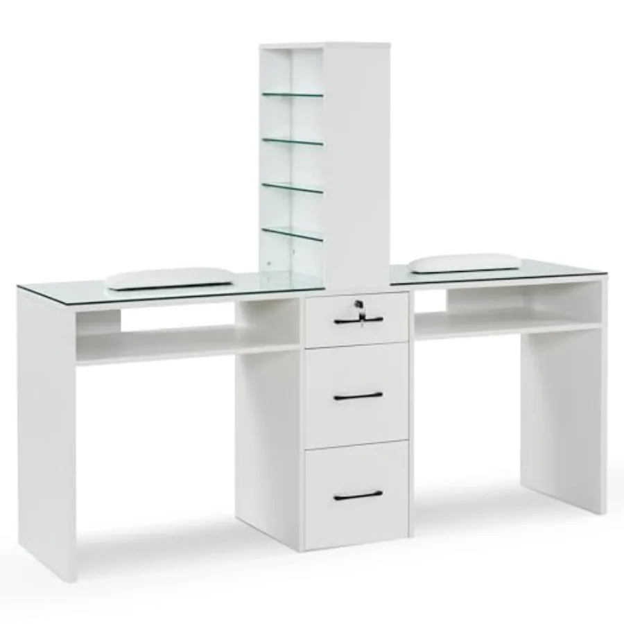 

Double Manicure Table for Storage, Beauty Nail Desk with Glass, Modern Nail Salon Makeup Station, Functional Manicure Workstati