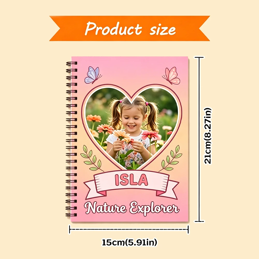 Personalised Custom Photo & Name Spiral Notebook,Pink Gradient Heart Butterfly Artwork,Back To School Present,Classroom Journal
