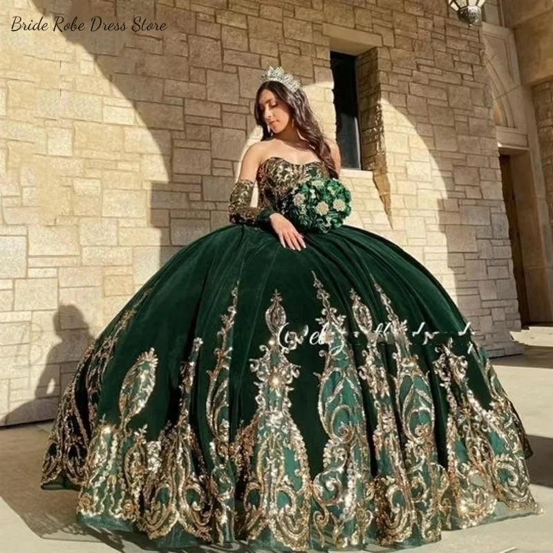 Vestidos de quinceañera con apliques de color verde esmeralda para niñas mexicanas personalizadas, corsé con cordones, dulces 16 Vestidos de desfile, Vestidos de terciopelo