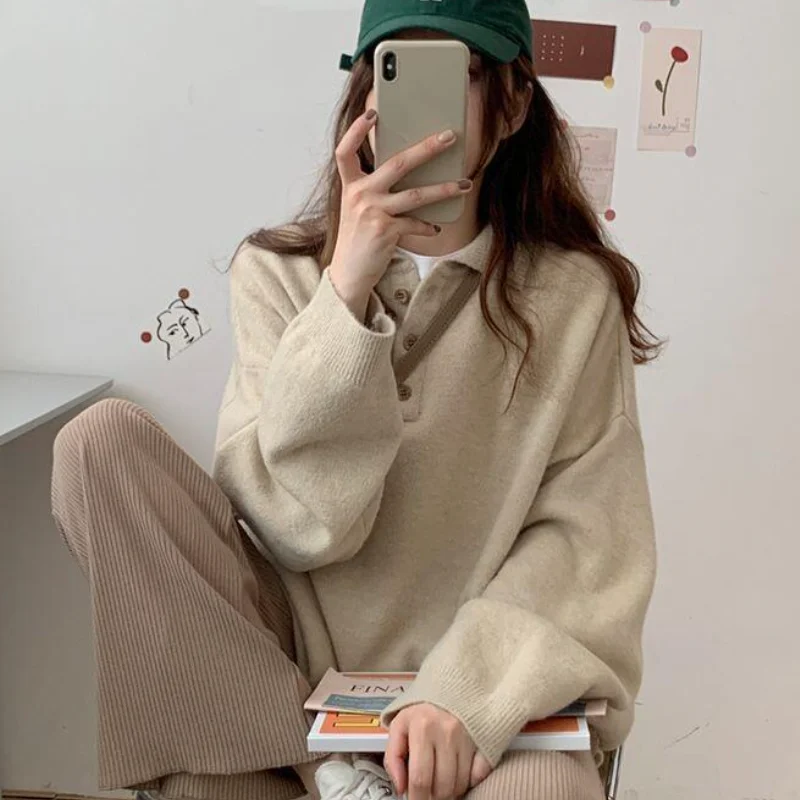 

Женский свитер-поло, вязаный пуловер из хлопка, модный однотонный хлопковый вязаный свитер для весны и осени