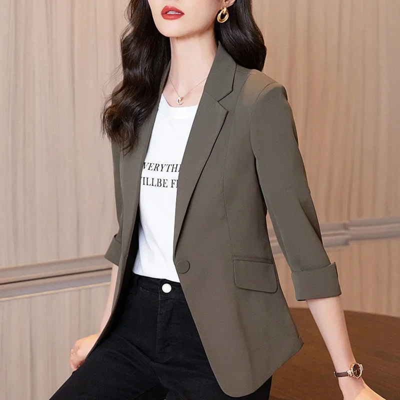 Blazer Korea wanita, atasan kasual Semua cocok gaya Korea, Blazer warna polos dengan kancing Lapel, baru musim gugur 2024