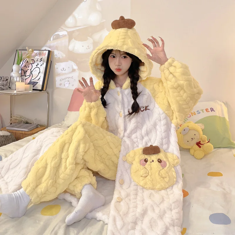 헬로 키티 마이 멜로디 애니메이션 미니소 카와이 긴 소매 잠옷 귀여운 시나모롤 코랄 벨벳 홈웨어 자켓 어린이를위한 선물