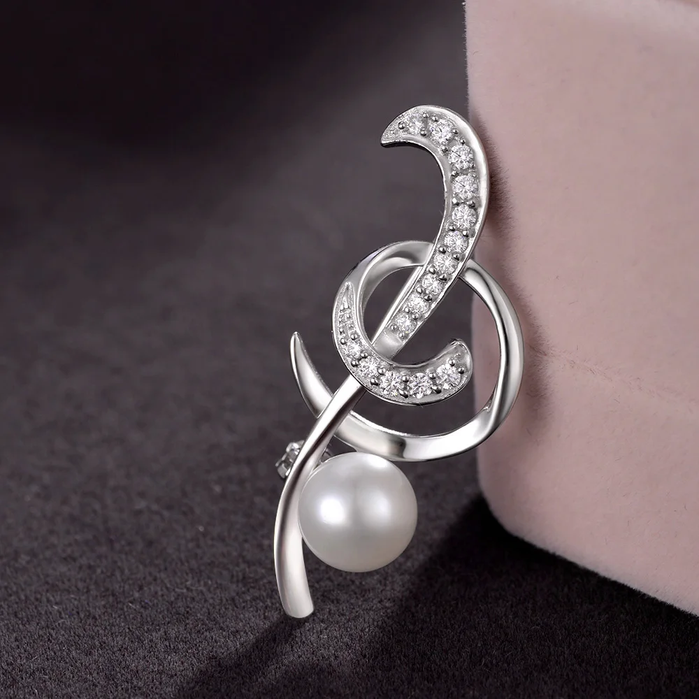 Premium 925 Sterling Silver Treble Clef Brooch with Freshwater Pearl And Cubic Zirconia Music Pin Timeless Accessory for Her