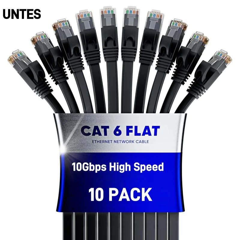 

UNTES 10-Pack 10Gbps Cat6 Flat Ethernet Cable, Support Cat6a Cat7 Cat5 Cat5e Network, 30AWG RJ45 Internet Cable