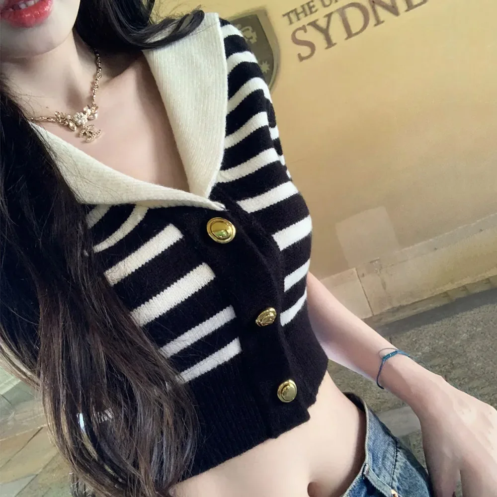 

Retro Sailor Collar Women's Sweater Black White Stripes Knitted Short Sleeves Knitted Top for Women Spring Short Pullover Q60