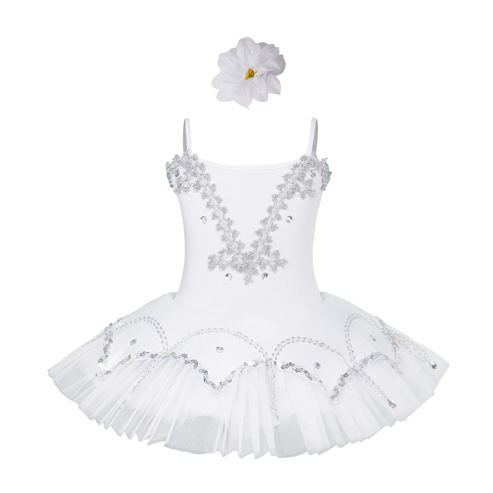 

Kids Girls Ballet Performance Costume Gymnastics Leotard Dresses Braid Trim Sleeveless Spaghetti Straps Layered Tutu Dance Dress