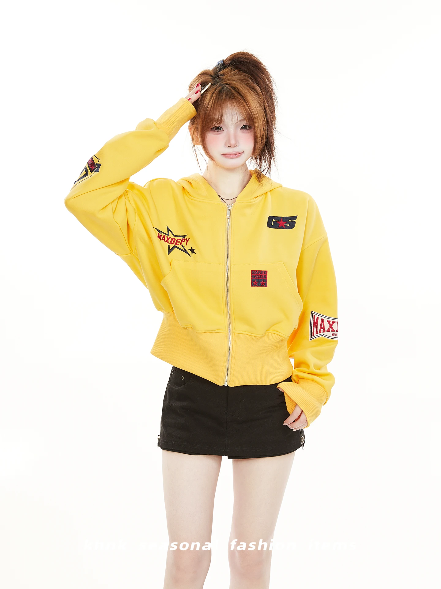 American High Street Yellow Badge Embroidery Short Hoodie Cardigan Women's Spring Autumn Trendy Girl Subculture Jacket