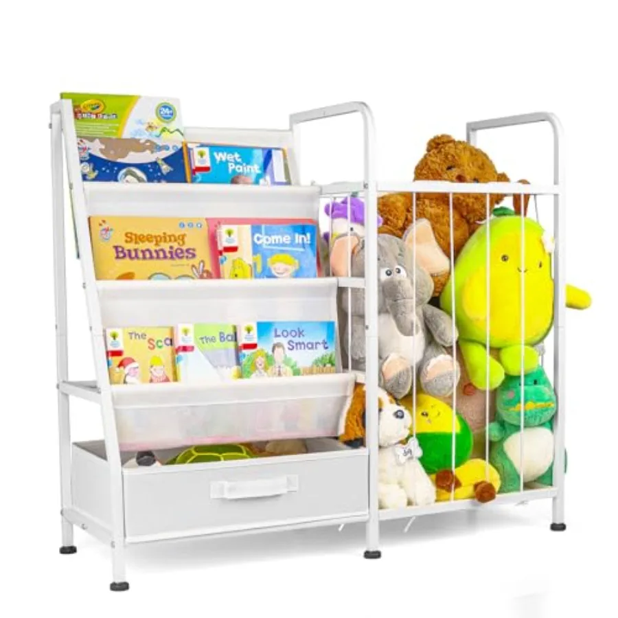 Large White 3Tier Bookshelf with Sling Shelves and Fabric Toy Chest for Playrooms Bedrooms and Nurseries Versatile Stuffed Anim