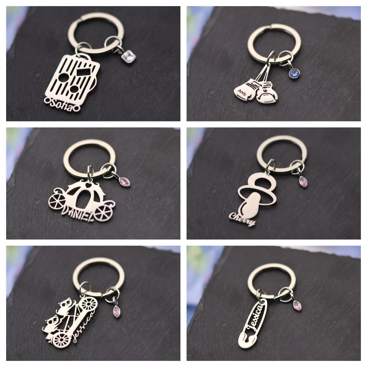 Custom Name Suitcase/Guitar/Pumpkin car/Pacifier/Pin Keyring Men Women Personalized Stainless Steel Jewelry Keepsake Gift