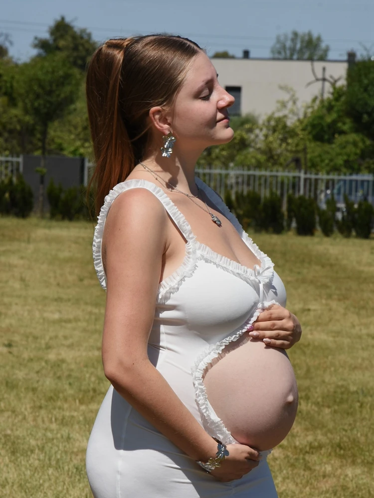 فستان أنيق أبيض لالتقاط الصور للأمهات بدون أكمام، فستان طويل مكشكش، ملابس حمل صديقة للصدمات للتصوير الفوتوغرافي في استحمام الطفل #2