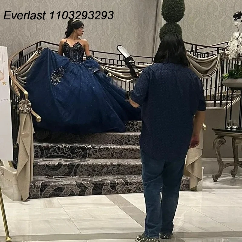 EVLAST Customized Navy Blue Quinceanera Dress Ball Gown Lace Applique Beading Mexican Sweet 16 Vestido De 15 Anos TQD329