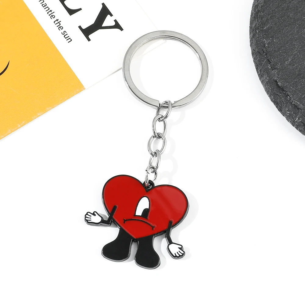 Bad Bunny Heart Keychain Cute Fashion Red Heart Shape Keyring Enamel Decor Pendant Car Key Accessories