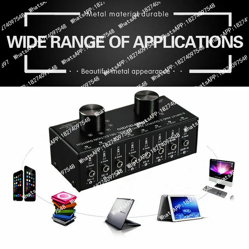 6-In-2-Out Audio Switcher Two-Way Audio Signal Selector Box Splitter Distributor with RCA Inputs & Outputs