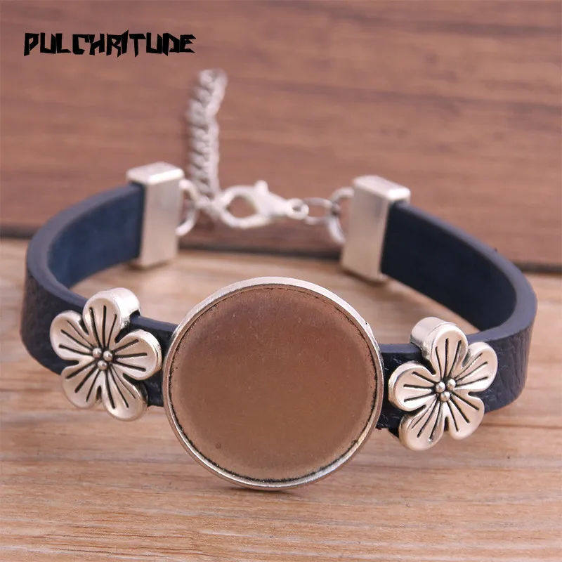 1szt 6 kolorów PU Bransoletka Srebrny kolor Kwiat Podstawa Ustawienie Mankiet Puste Tace Brazel Fit 25mm Szklana Cameo Dome Cabochon DIY Biżuteria