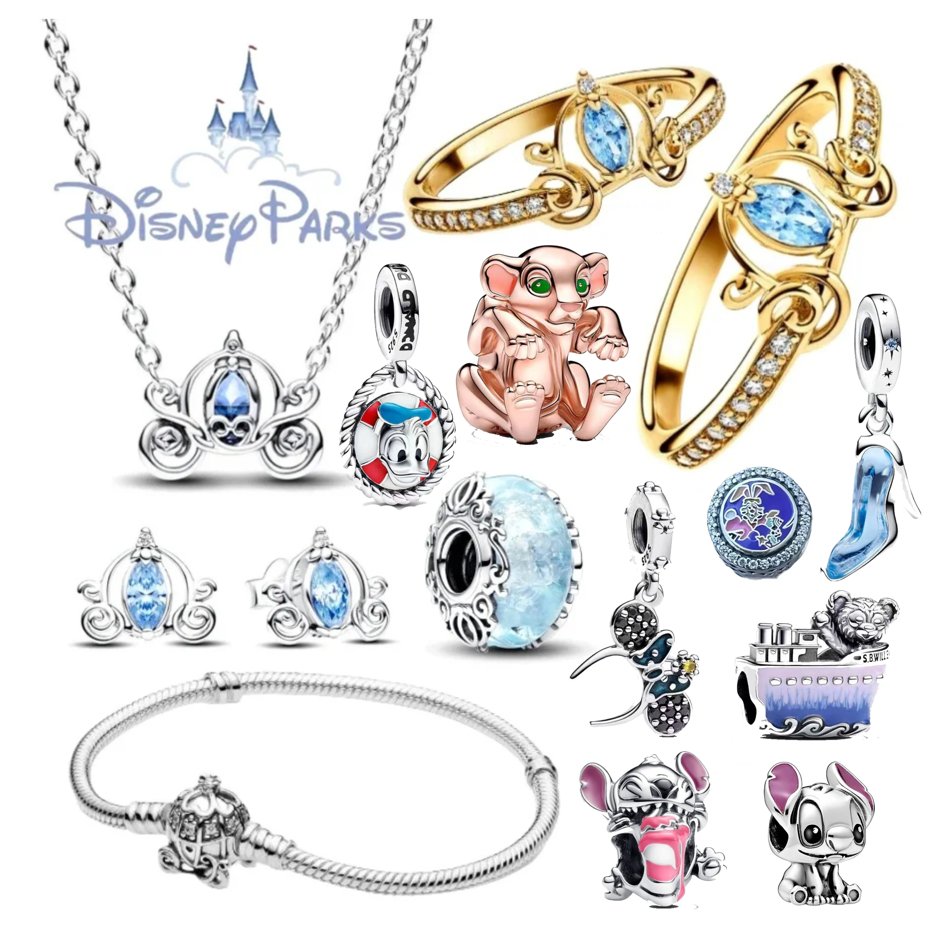 

S925 Silver Plating MINISO Disney Necklace Earrings Set Pendant Charm Bead Fit Original Pandora Bracelet DIY Luxury Jewelry