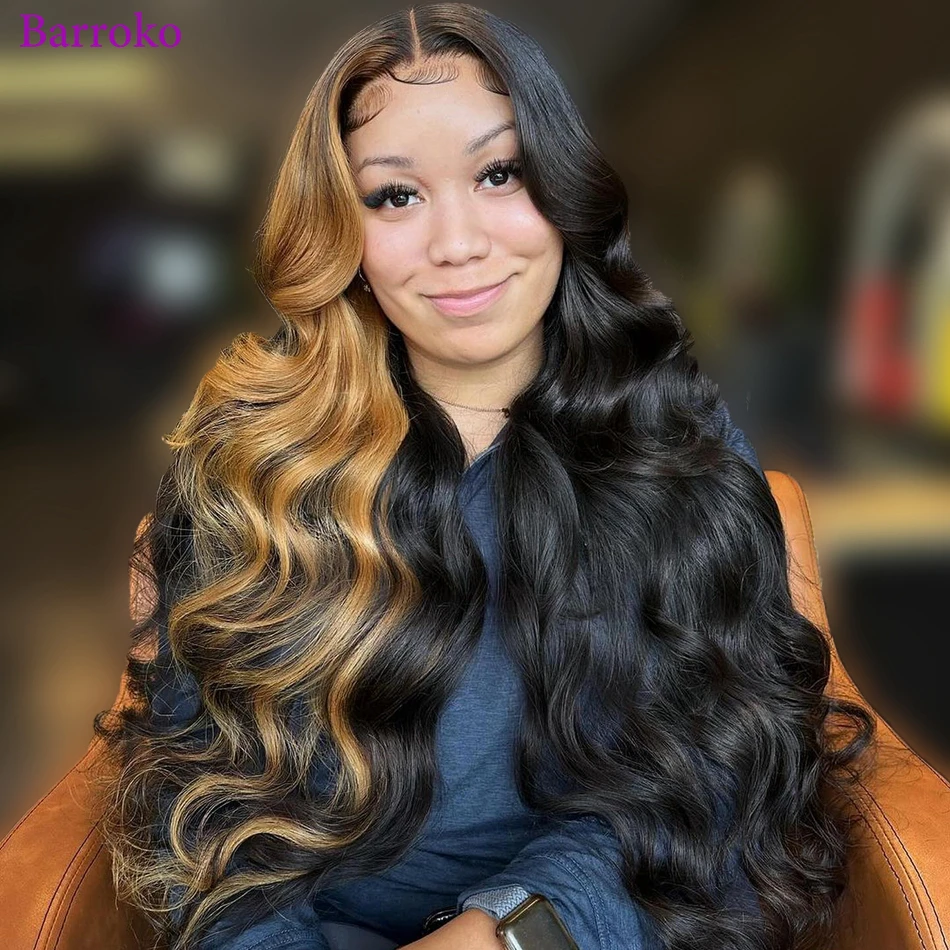 Barroko 13X6 Transparent Lace Frontal Body Wave Hilight 1B 27 Colored Wig 180% Density Pre Plucked Remy Human Hair Wig For Women