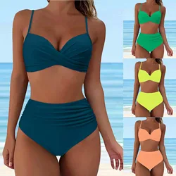 Conjunto de Bikini de cintura alta para mujer, traje de baño de dos piezas con realce, acolchado, fruncido, Color sólido, 2024