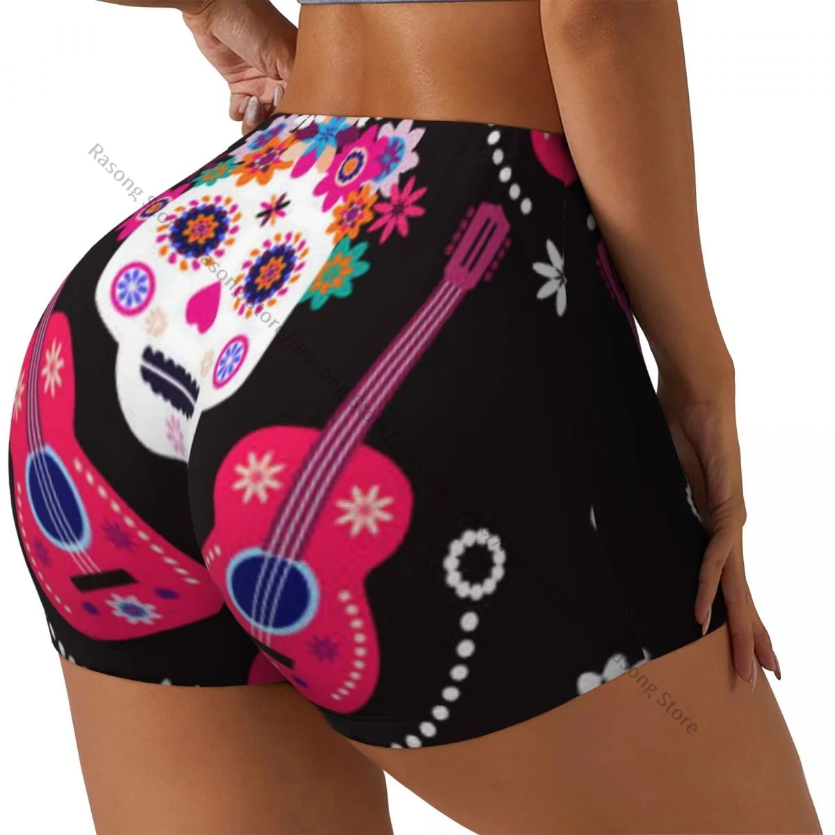 Sexy tight hip sports shorts Sugar Skulls And Marigold Flowers fitness women's comfortable yoga shorts