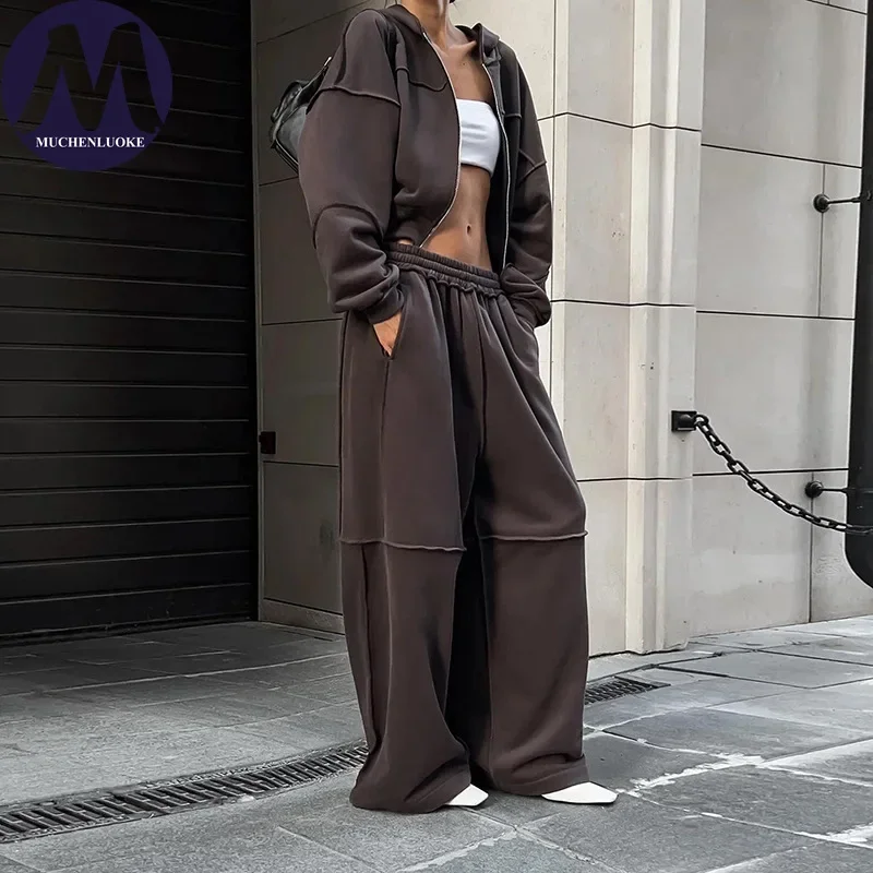 

2 Pieces Set for Woman Autumn Winter New Elegant Hooded Long Sleeves Coats Suits Fashionable Casual Loose Wide Leg Pants Sets