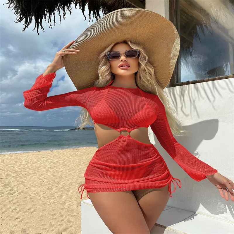 3 Piece Pink Women's Bikini Swimsuit Top+Underwear+Full Sleeves Outfit Summer Party Beach Holiday Skirt Hot Girl Streetwear