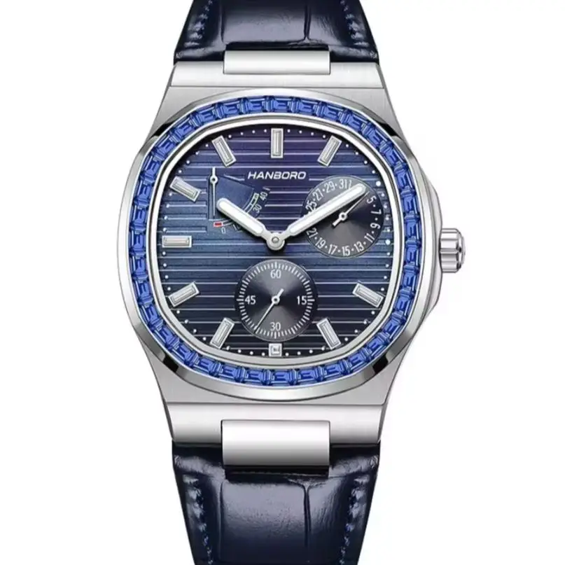 HANBORO Men Automatic Watch Square Mechanical Wristwatch Sapphire Mirror Power Reserve Indicator Date Luminous Tianjin1780