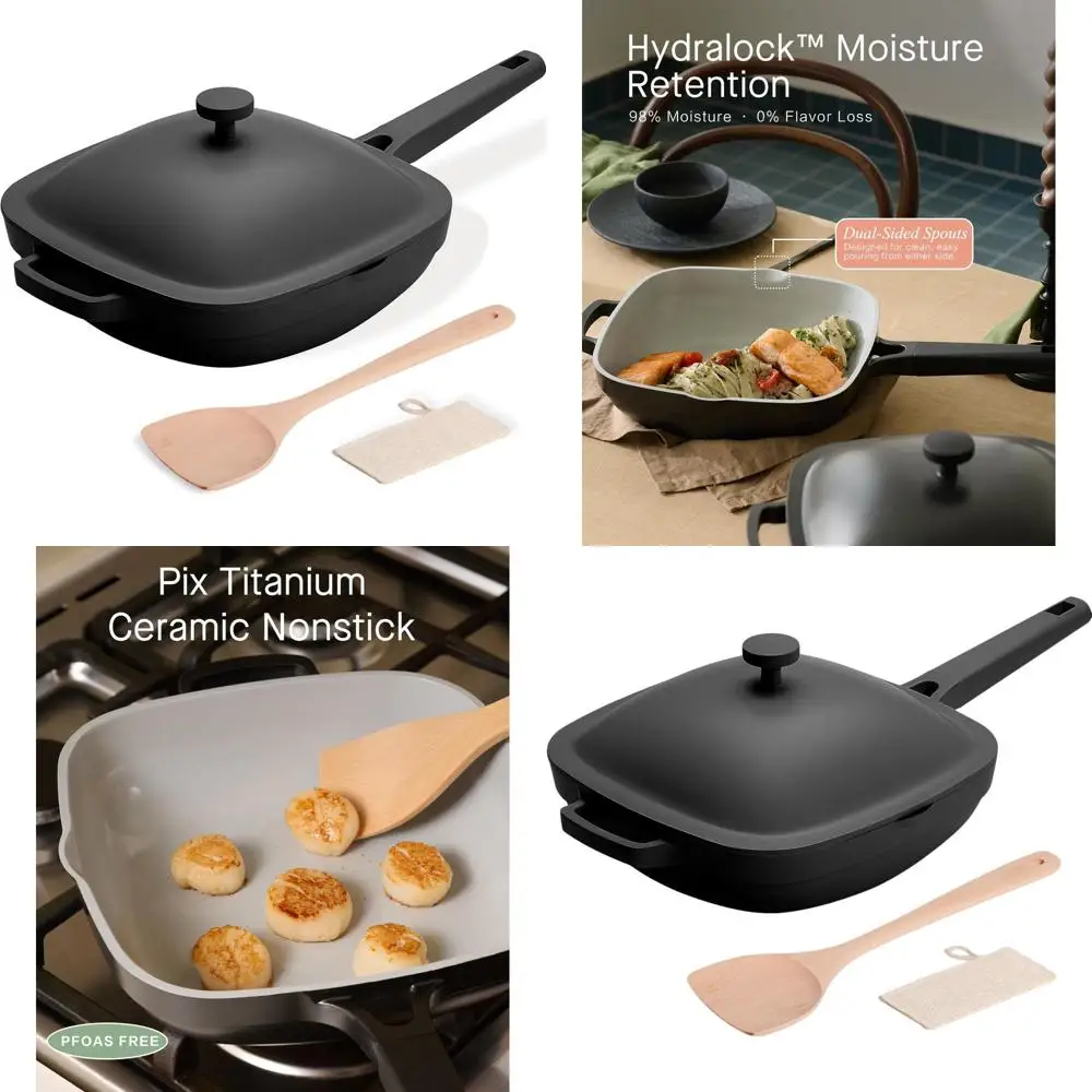 

10.5 Inch 3.8 Quart Ceramic Pan with Lid, Non-Stick Cast Aluminum Deep Sauté Pan, Ti-Ceramic Cookware Set with Wooden Spatula &