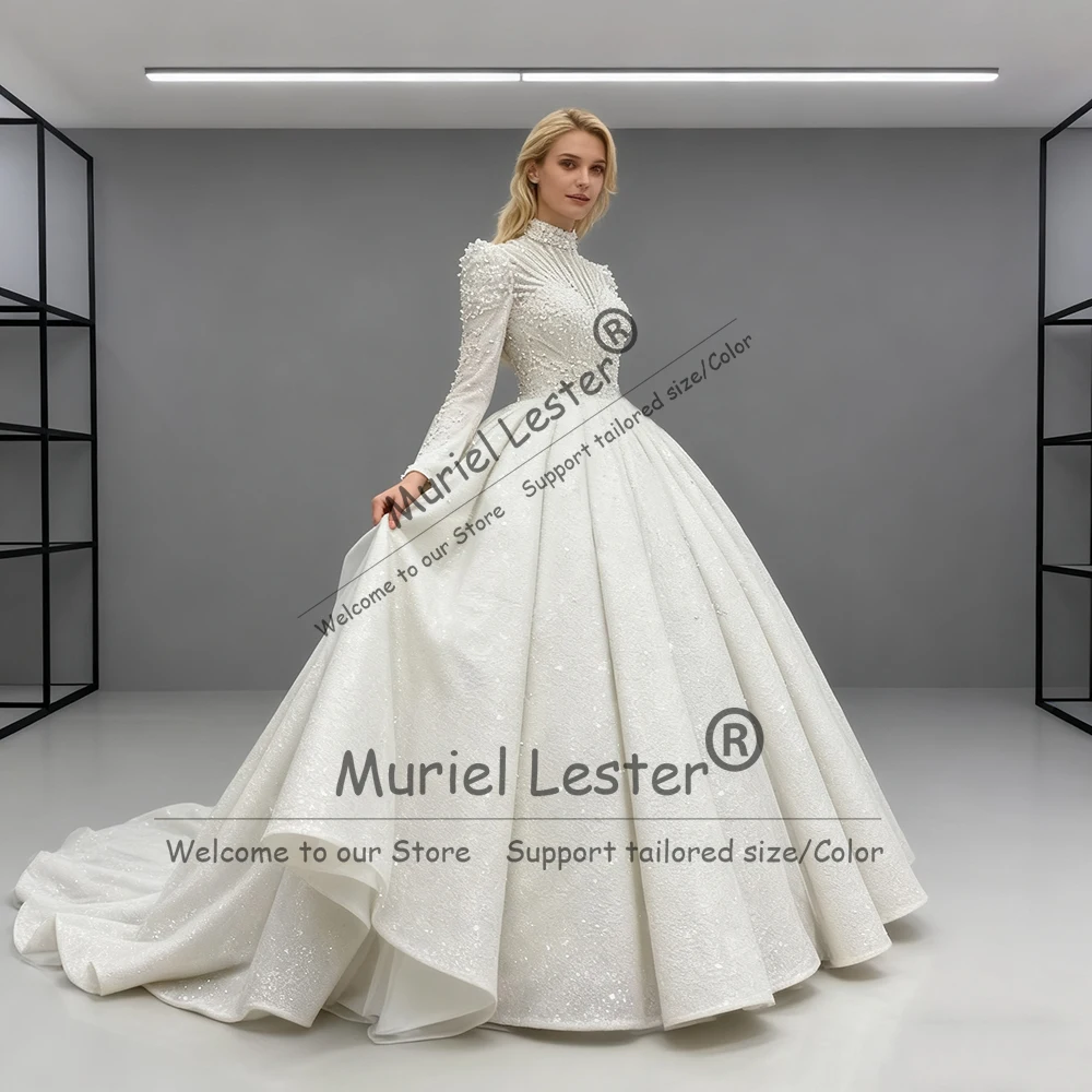 Gorgeous Pearls Ball Gown Wedding Dresses Attire High Neck Long Sleeves Beads Sequined Bridal Gowns Customized vestidos de novia