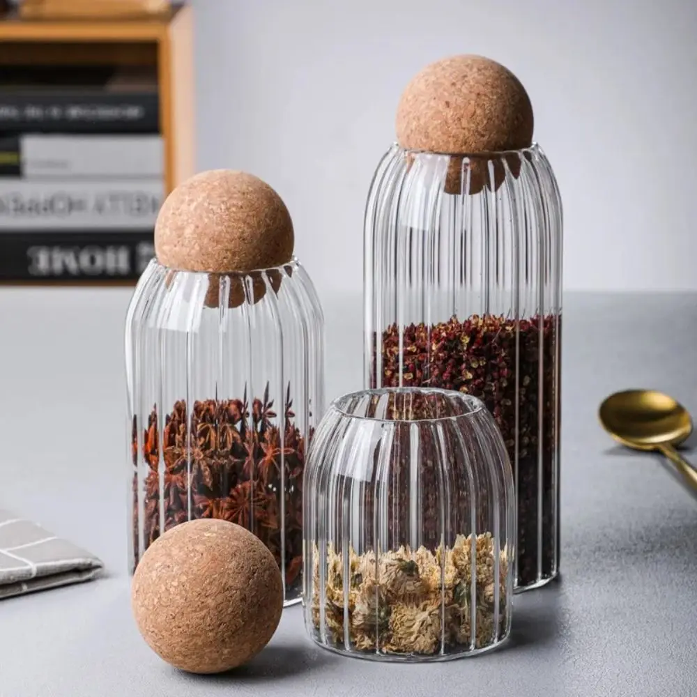 Transparent Storage Jars Sealing Tea Coffee Sugar Household Glass Stripe Glass Storage Bottle Clear with Cork Ball Lid