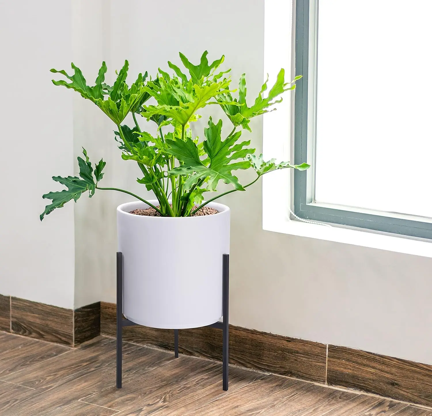 

Modern White Plants Pot Cylinder Planter with Heavy Duty Stand, Medium 10 Inch Pot, 16.3 Inch with Stand Height
