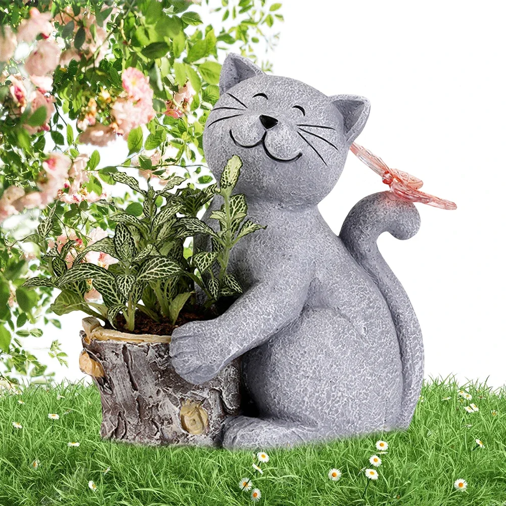 

Solar Powered Decorative Animal Planter Creative Cat Planter Pot with Light Cat Butterfly Planter Statue for Cabinet Backyard