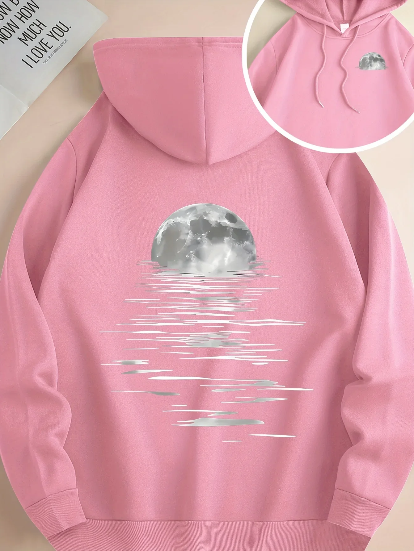 Minimalist Moon Water Reflection Graphic Men Hooded Sweatshirt Silver Full Moon Night Scene Print Loose Soft Hoodie Tops