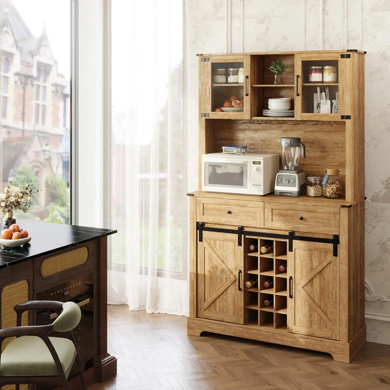 Coffeee Bar Cabinet with Wine&Glass Racks,72