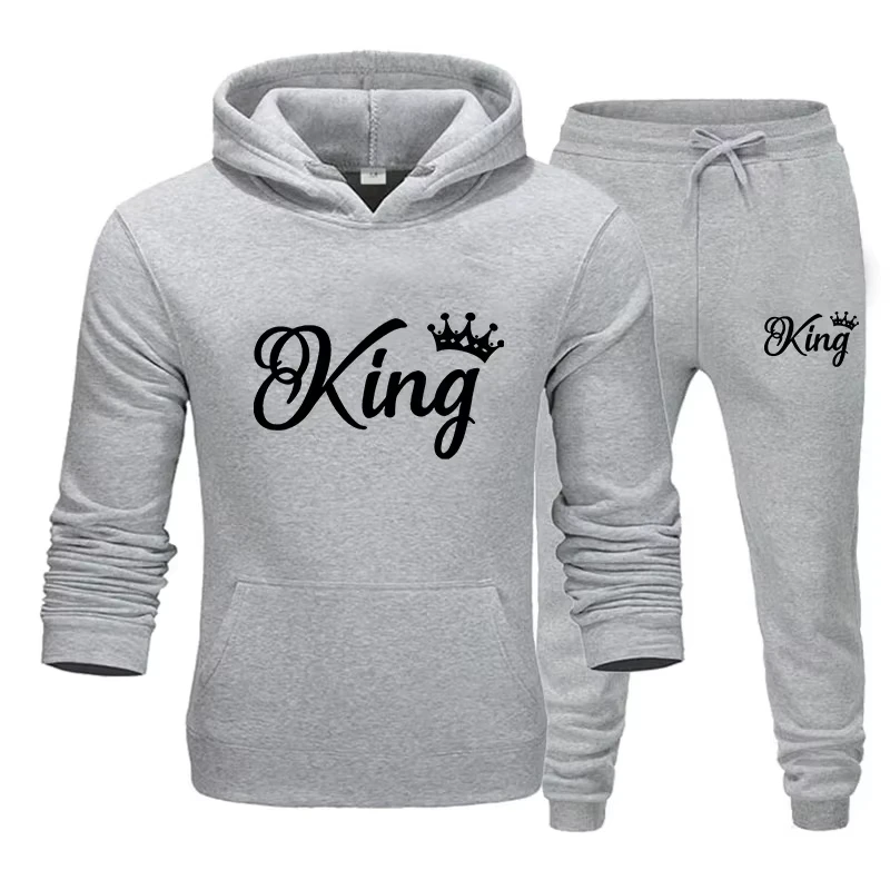 Men Women 2026 Winter Fleece 2‑Piece Tracksuit King Queen Graphic Oversized Pullover Hoodie Sweatshirt Sweatpants Casual Outfit view 2