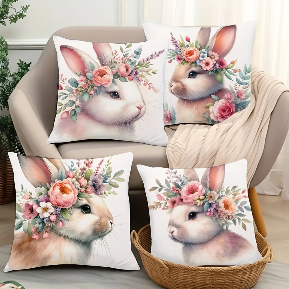 Easter Floral Bunny Print Pillowcase Nordic Home Decor Pillowcase Holiday Bedroom Living Room Decoration Polyester Cushion Cover