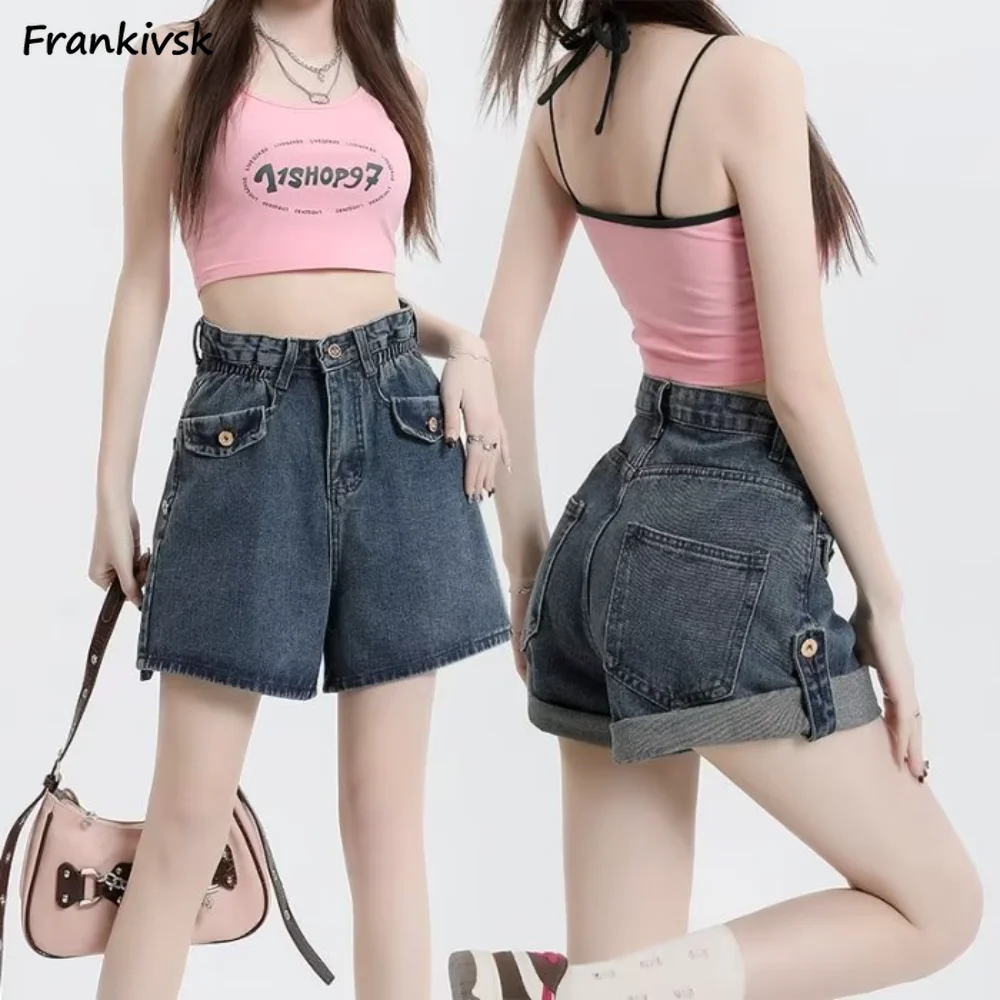 High Waist Shorts Women Vintage Denim Basic All-match College Teens Trousers Simple Cuffs Design Clothing Daily Harajuku Street