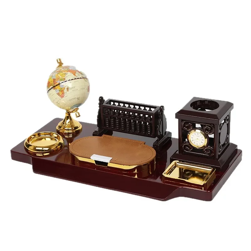 Solid wood desktop table, with globe clock, high-end gift-giving table, practical desk desktop ornament