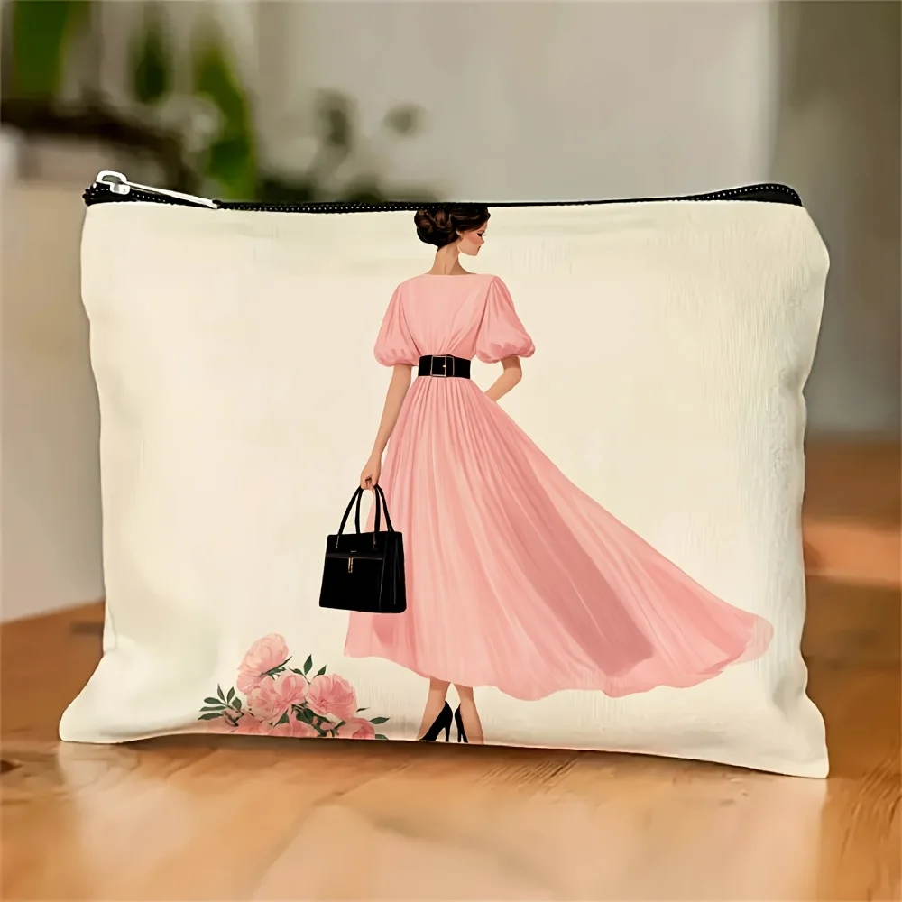 A Women's Elegant Dress Printed Pattern Makeup Bag- Multifunctional Zipper Pouch, Jewelry Storage Bag Gift for Girlfriend