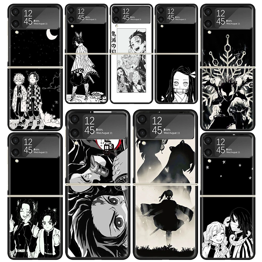 Funda de teléfono Demon Slayer para Samsung, carcasa trasera dura, color blanco y negro, para Galaxy Z Flip4, Flip5, Flip3, Z Flip 3, 4, 5G