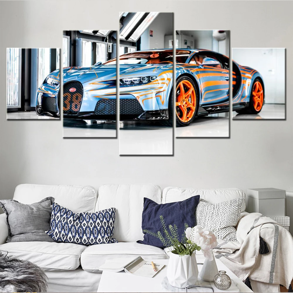 5 Pieces Canvas Art Cars Poster Chiron Super Sport Vague De Lumière Wallpaper Living Room Picture Print Home Decor Mural