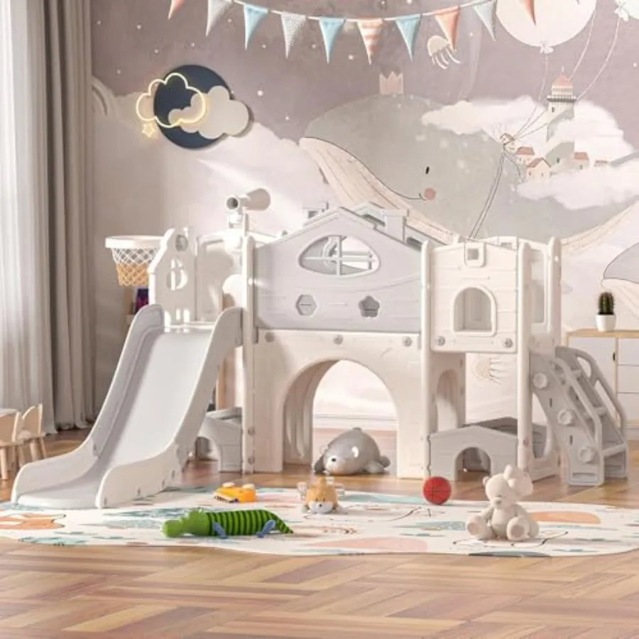 Tobogán interior para niños pequeños de 1 a 6 años: unidad independiente 8 en 1 con escaleras, túnel, telescopio, almacenamiento y piscina de pelotas; gris plástico