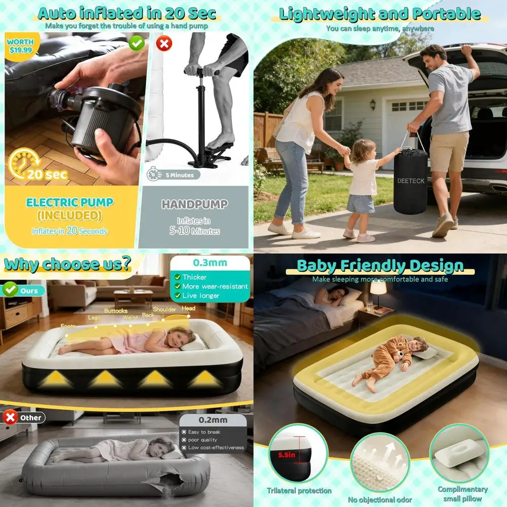 

Portable Toddler Air Mattress with Safety Rails, Electric Pump, and Carry Bag - 64 Lightweight Camping Bed for Outdoor Sleep