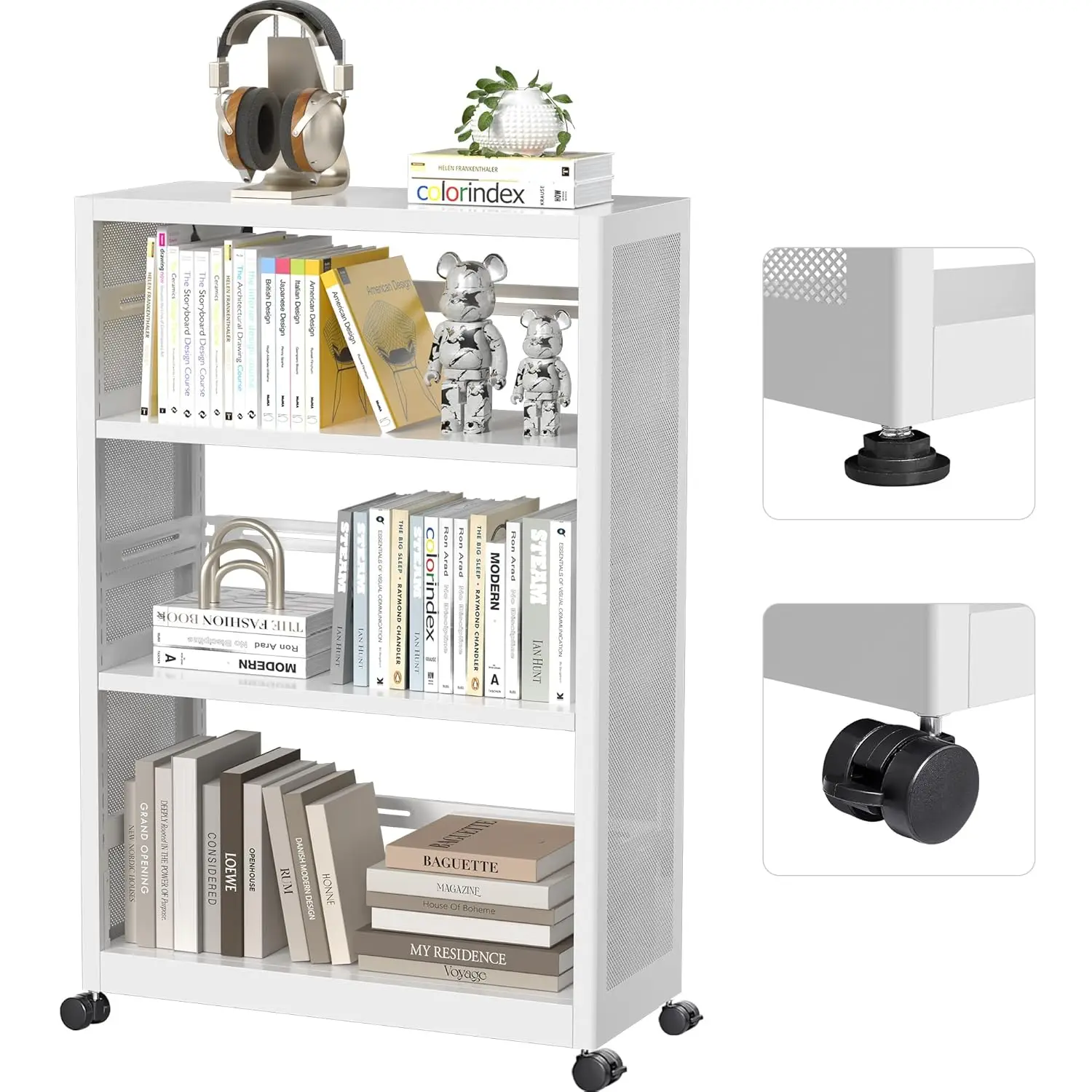 

Industrial 3 Tier Metal Bookshelf on Wheels Heavy Duty Small Space Home Office Living Room School White,Customized