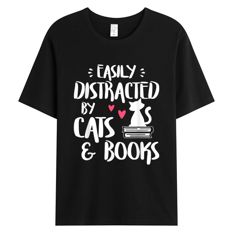 

Easily Distracted By Cats And Books Man T-shirt Cat & Book Lover Short Sleeve Men's Cotton Fabric Printed Tshirts 5XL Tee-shirt