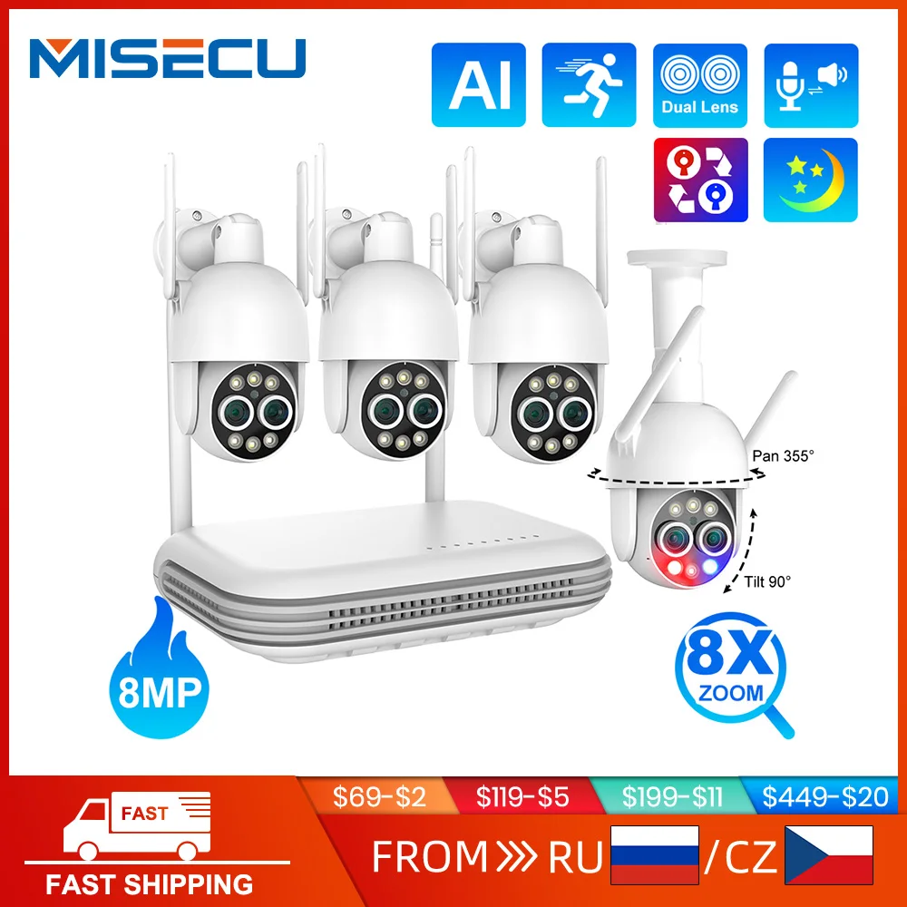 

MISECU PTZ 8X Dual Lens 8MP 8CH Wireless Surveillance Security System Human Detection 4MP Two Way Audio WIFI NVR Camera Kit