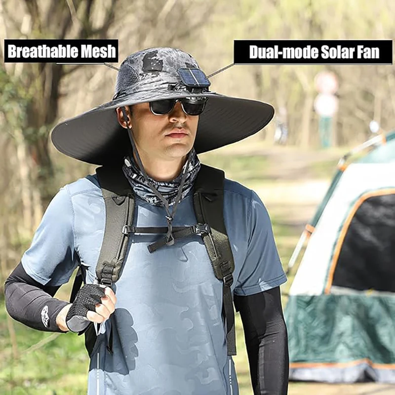 Wide Brim Solar Fan Outdoor Fishing Hat-Solar & USB Charging, Sunscreen Sun Hat with Fan, Solar Fan Hat UPF50+ with 1 Fan