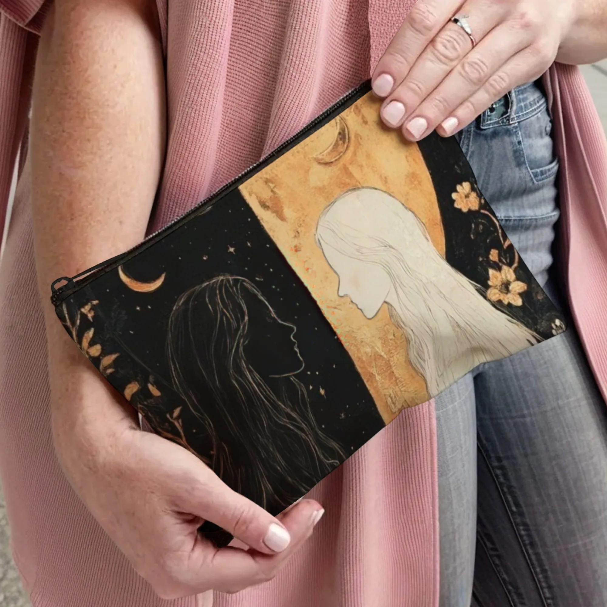 حقيبة تنظيم مستحضرات التجميل الغامضة باللونين الأسود والذهبي مع لهجات سماوية وزهور للتخزين الفني الملهم #3