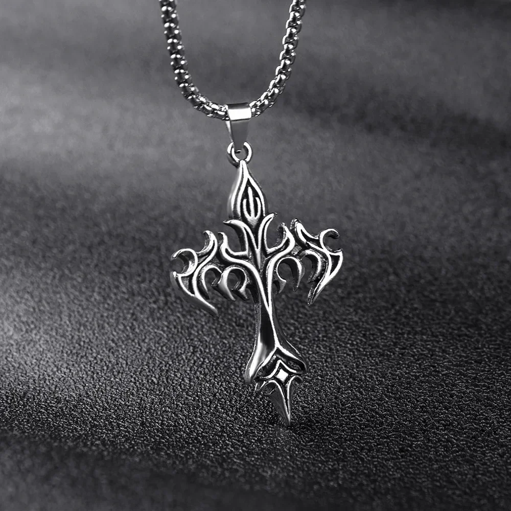 Fashion Trend Flame Cross Pendant Necklace Men's Personalized Punk Religious Exorcism Lucky Jewelry