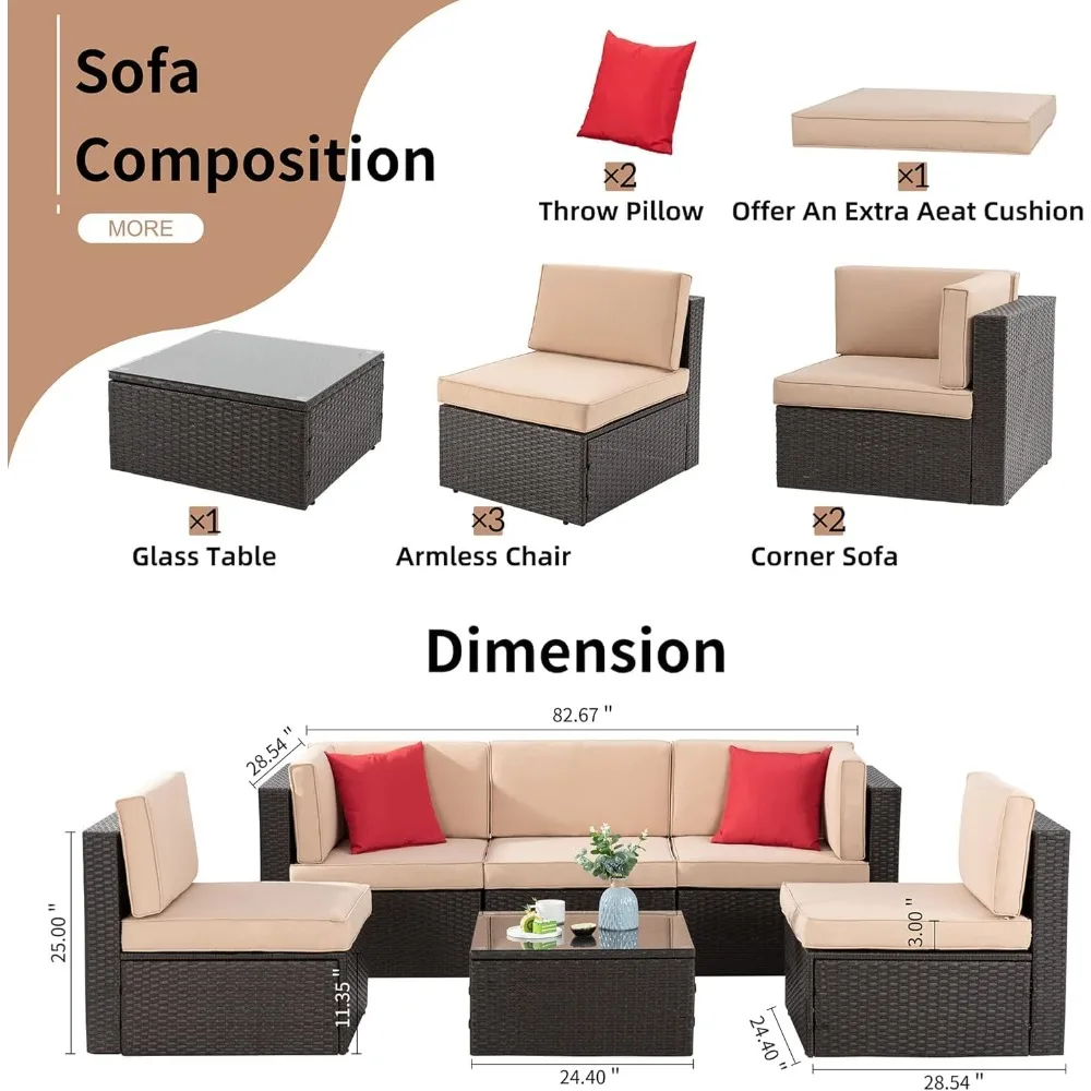 6Pieces Patio Furniture Sets Outdoor All-Weather Sectional Patio Sofa Set PE Rattan Manual Weaving Wicker Patio Conversation Set